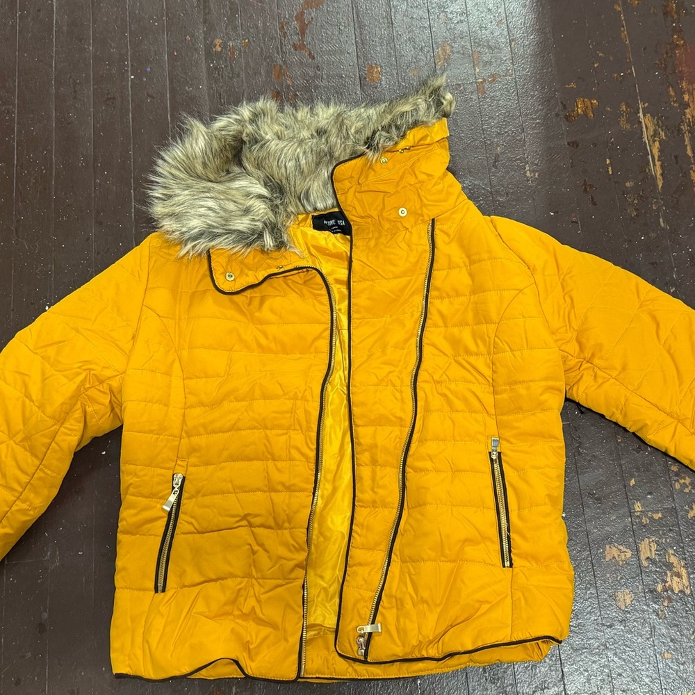 Removable Faux Fur Collar Puffer Jacket Mustard